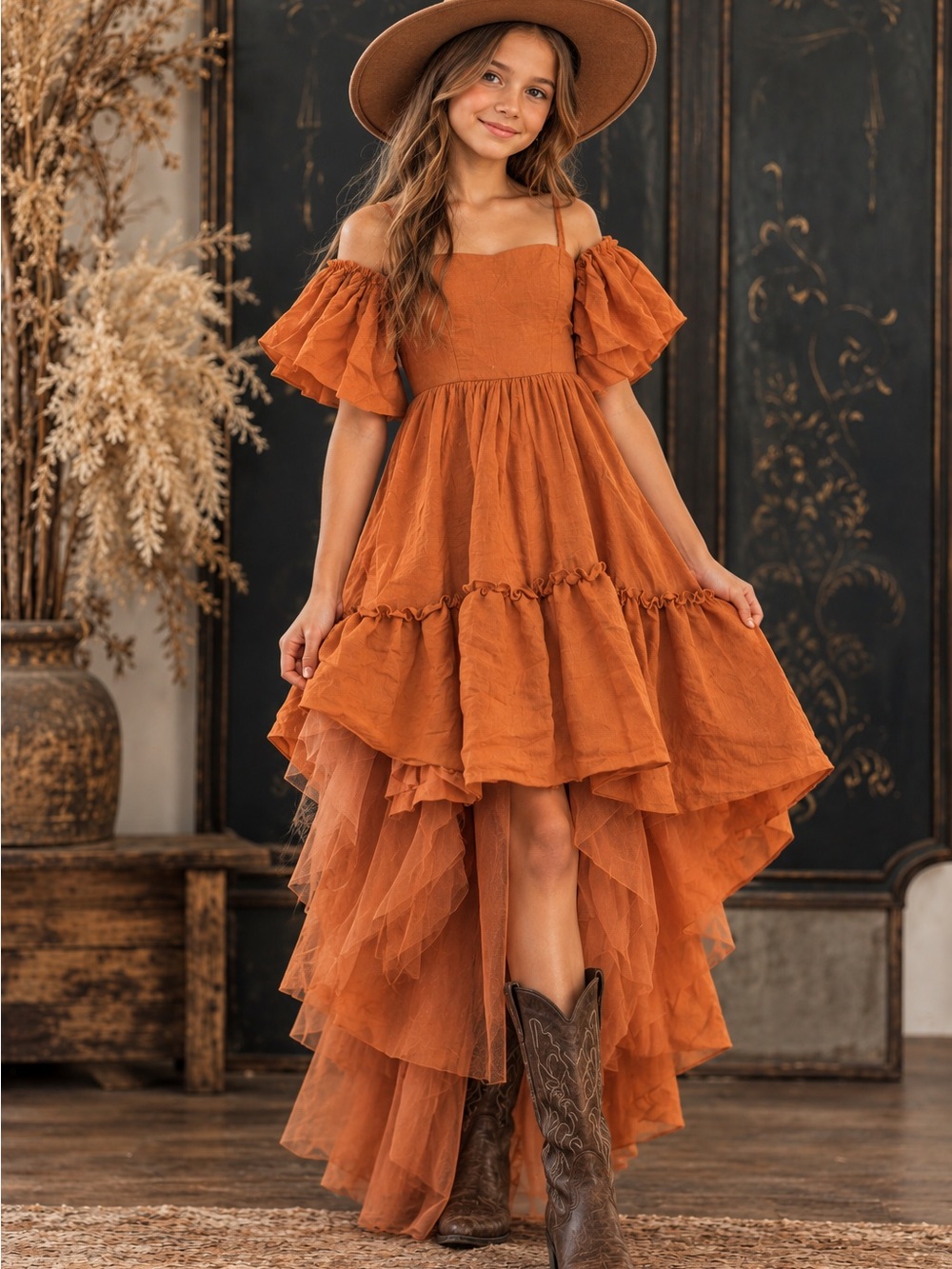 Joy Folie Mia Joy Rust Orange Tiered High-Low Ruffle Dress - Girls 12 fall dress